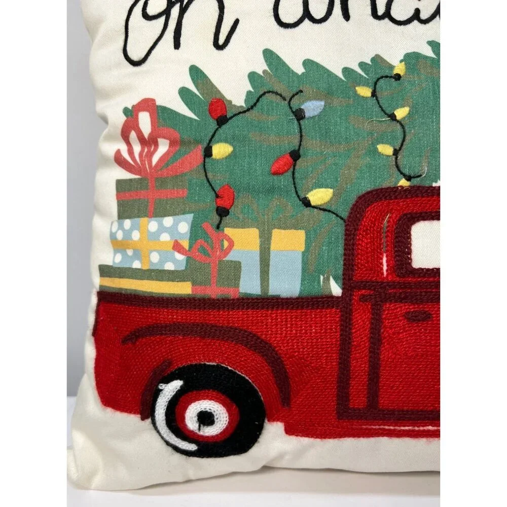 Christmas Pillow With Red Truck & Holiday Gifts  17'' x 17
